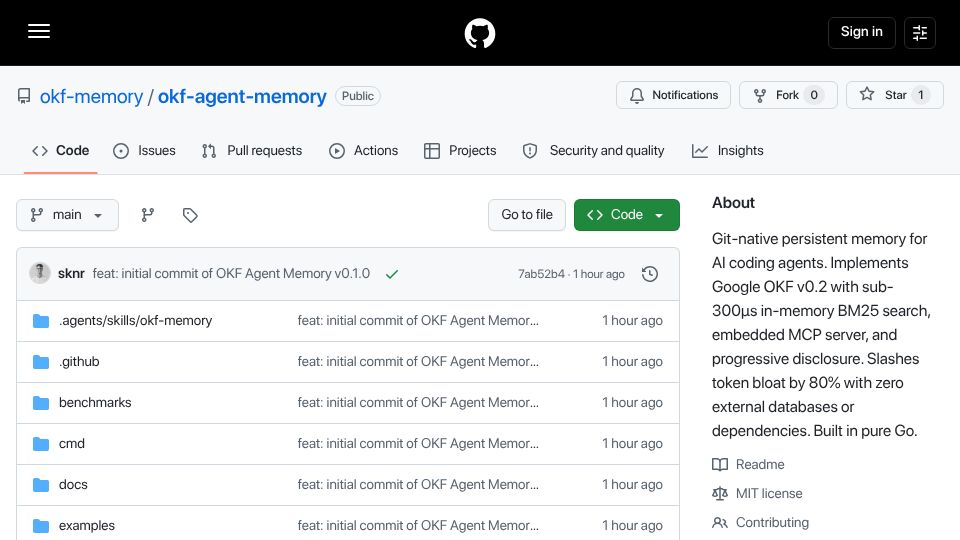 Screenshot of github.com: OKF Agent Memory – Git-native persistent memory for AI coding agents