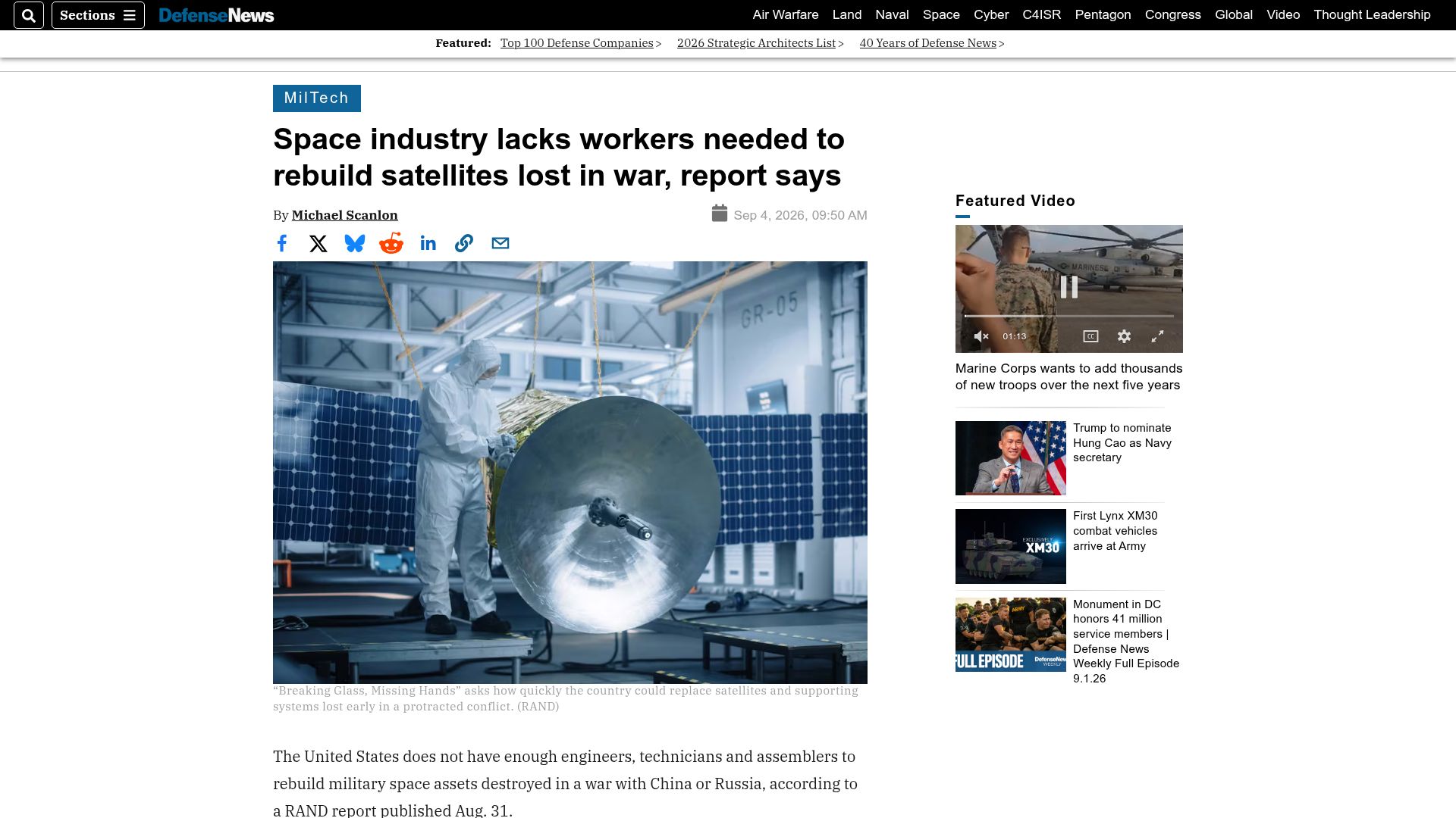 Screenshot of defensenews.com: Space industry lacks workers needed to rebuild satellites lost in war: report