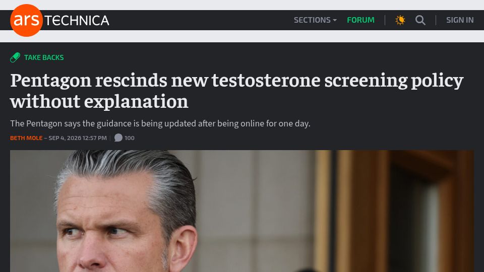 Screenshot of arstechnica.com: Pentagon rescinds new testosterone screening policy without explanation