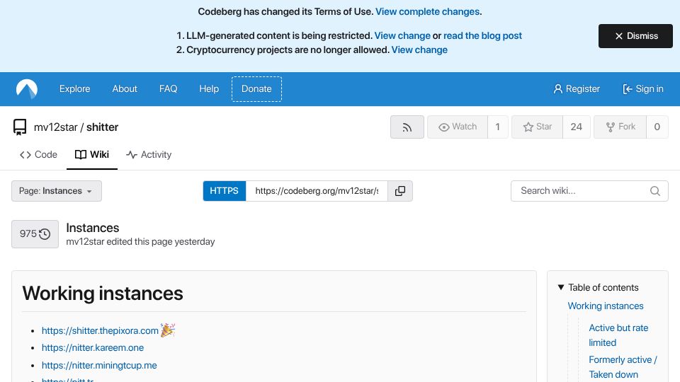 Screenshot of codeberg.org: Nitter has more working instances than before the takedowns
