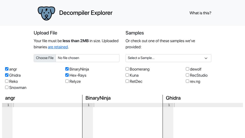 Screenshot of dogbolt.org: Decompiler Explorer