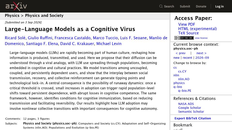 Screenshot of arxiv.org: LLMs as a Cognitive Virus