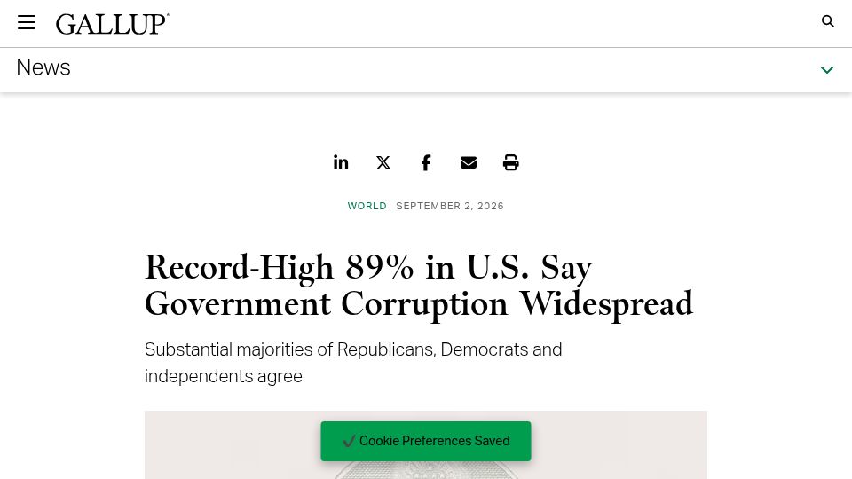 Screenshot of news.gallup.com: Record-High 89% in U.S. Say Government Corruption Widespread
