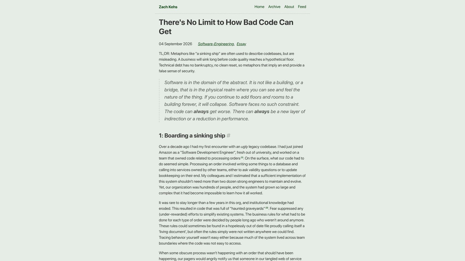 Screenshot of zachkehs.com: There's No Limit to How Bad Code Can Get