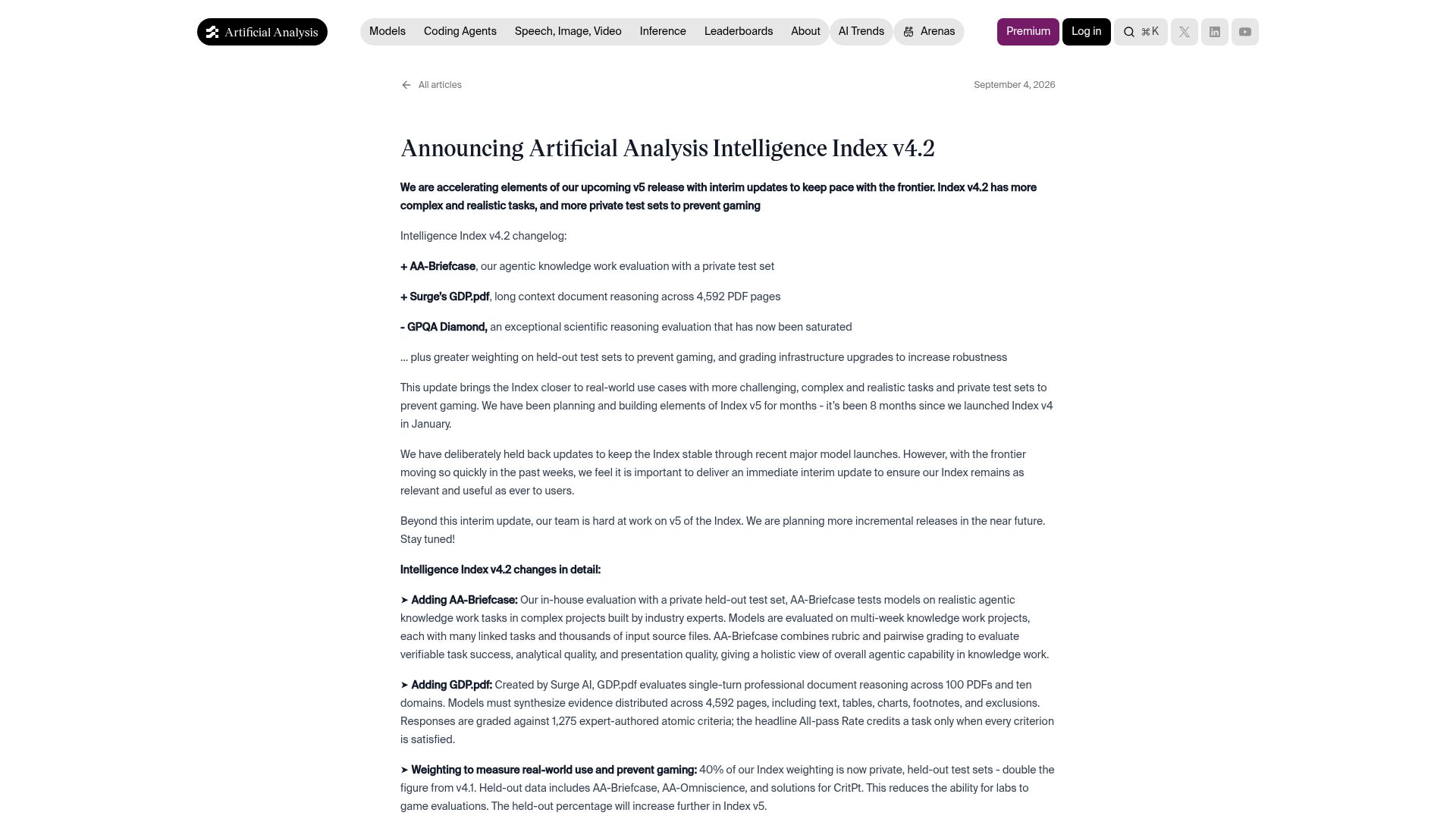 Screenshot of artificialanalysis.ai: Artificial Analysis Intelligence Index v4.2