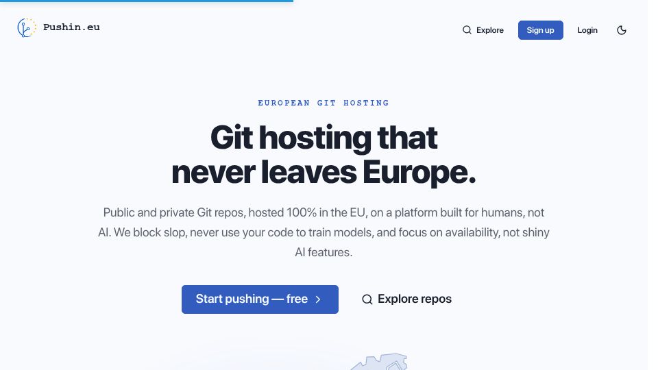 Screenshot of pushin.eu: Git hosting that never leaves Europe