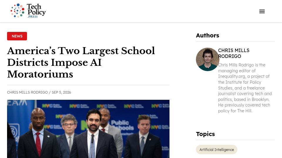 Screenshot of techpolicy.press: America's two largest school districts impose AI moratoriums
