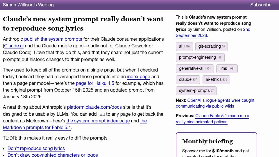 Screenshot of simonwillison.net: Claude's new system prompt doesn't want to reproduce song lyrics