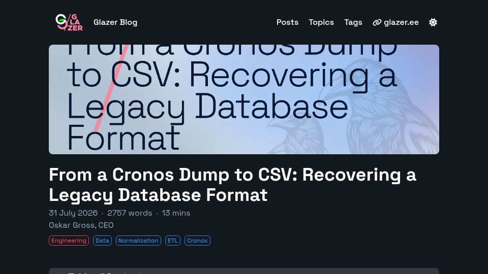 Screenshot of blog.glazer.ee: Reverse engineering the storage format for an undocumented database