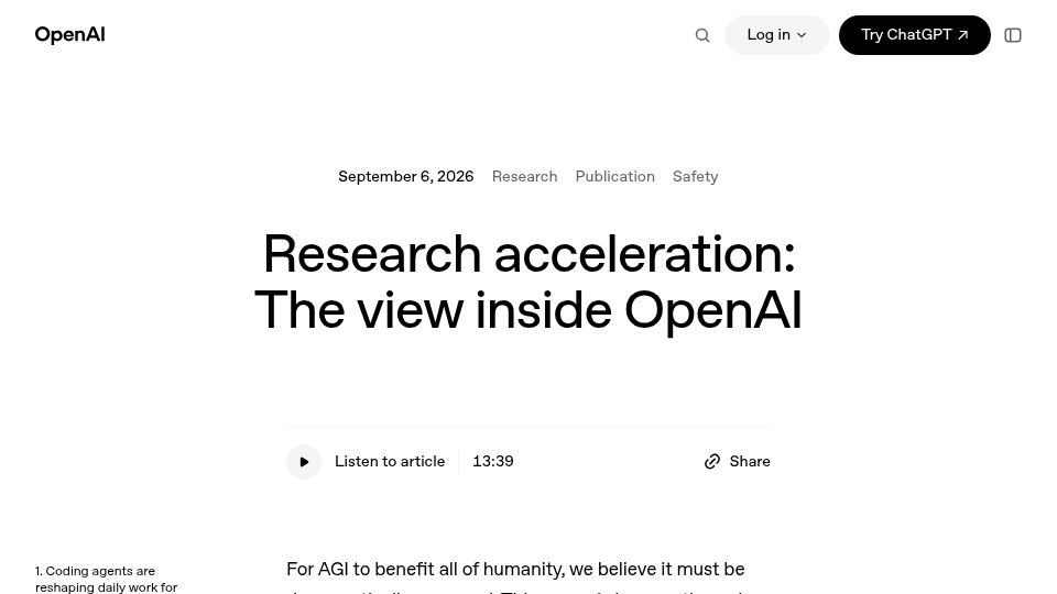 Screenshot of openai.com: Research acceleration: The view inside OpenAI