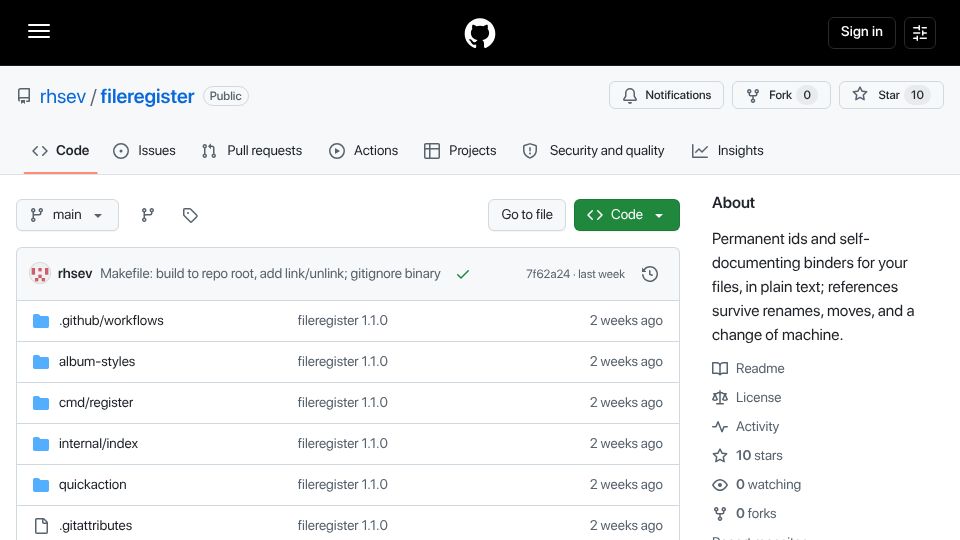 Screenshot of github.com: Fileregister: Tagging and reference layer for your files, in plain text