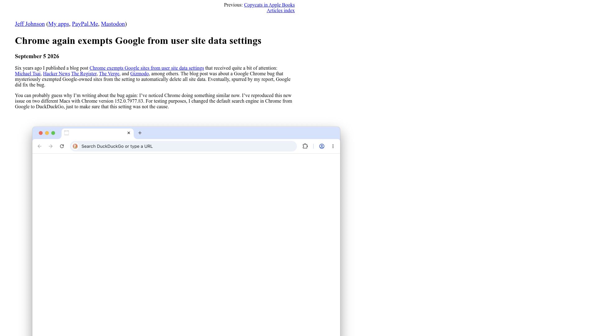 Screenshot of lapcatsoftware.com: Chrome again exempts Google from user site data settings