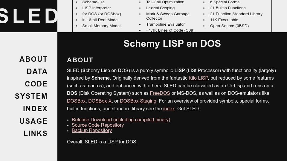 Screenshot of sled.neocities.org: Schemy Lisp En DOS
