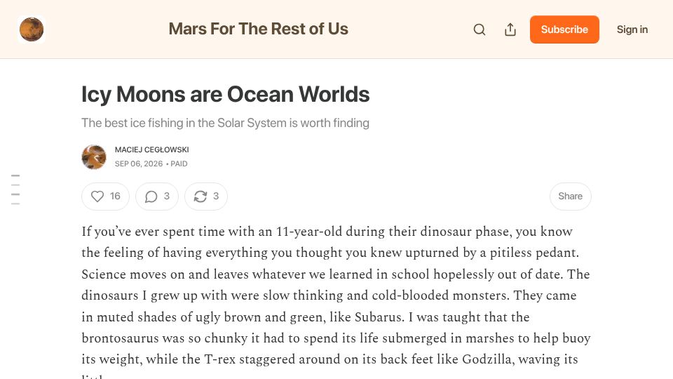 Screenshot of mceglowski.substack.com: Icy Moons Are Ocean Worlds