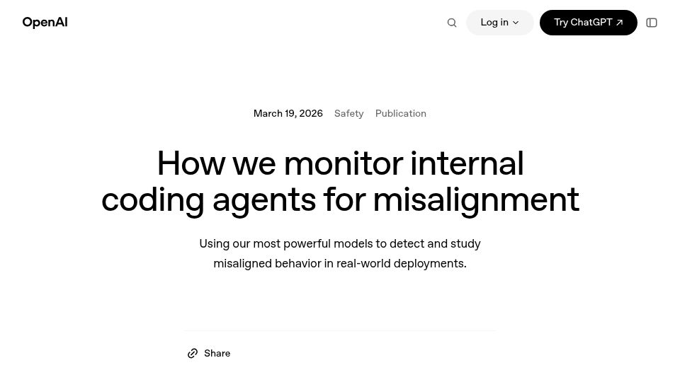 Screenshot of openai.com: How we monitor internal coding agents for misalignment
