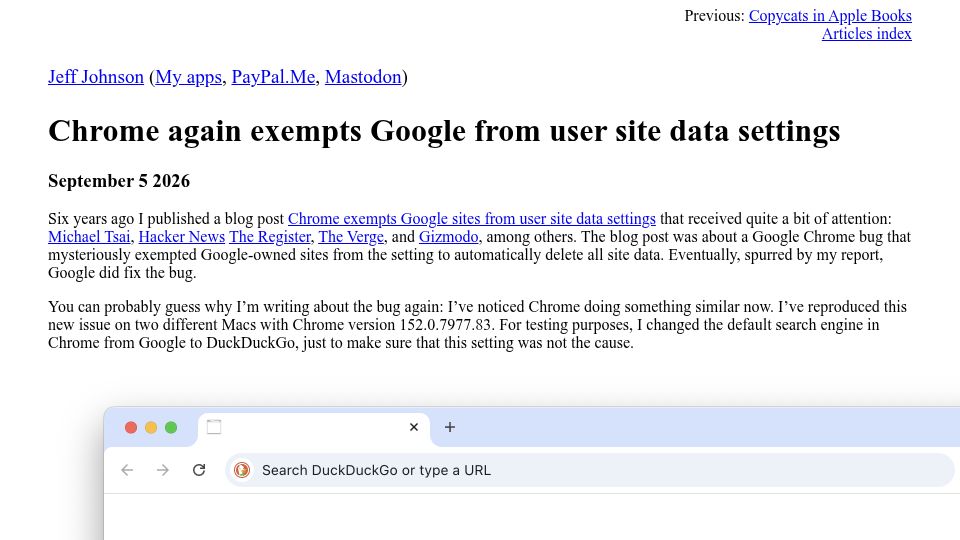 Screenshot of lapcatsoftware.com: Chrome again exempts Google from user site data settings