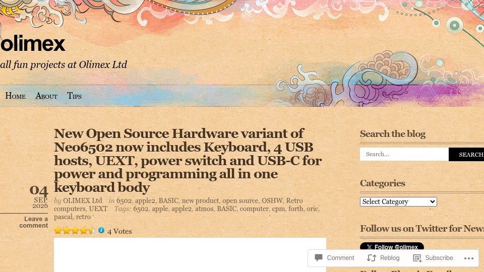 Screenshot of olimex.wordpress.com: New all in one 6502 computer (Neo6502kbd)