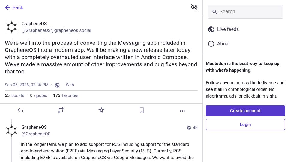 Screenshot of grapheneos.social: GrapheneOS Overhauled Default Apps and Secure Clipboard