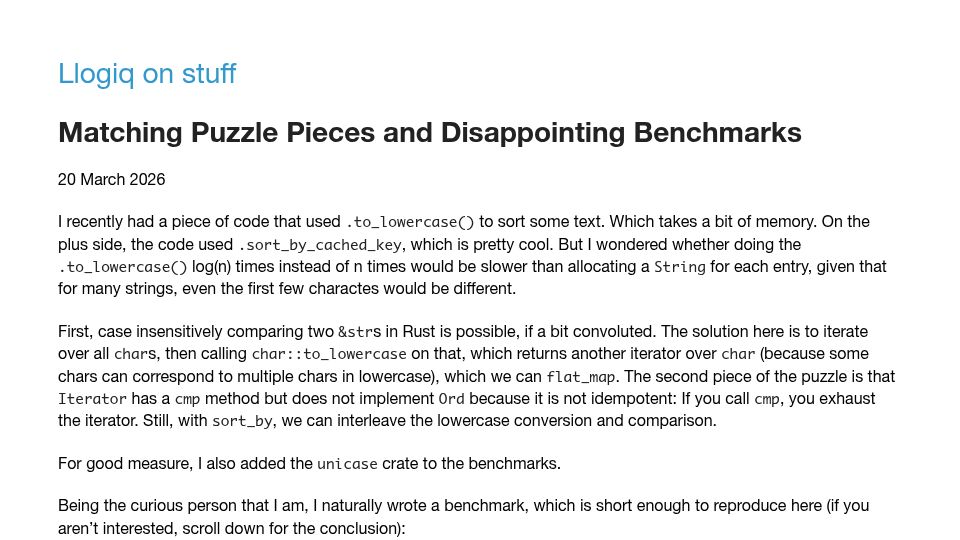 Screenshot of llogiq.github.io: Matching Puzzle Pieces and Disappointing Benchmarks