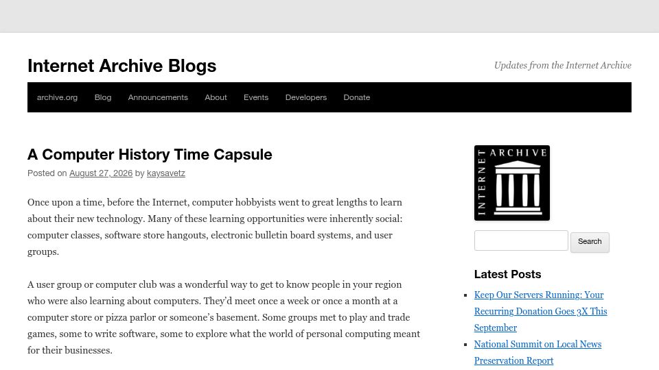 Screenshot of blog.archive.org: A Computer History Time Capsule