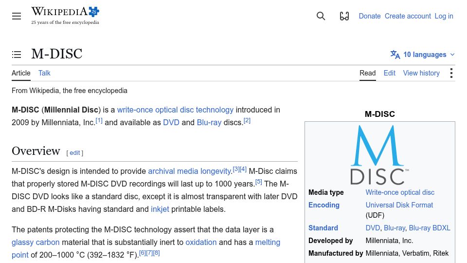 Screenshot of en.wikipedia.org: M-DISC – DVD/Blu-ray compatible discs that may last up to 1000 years
