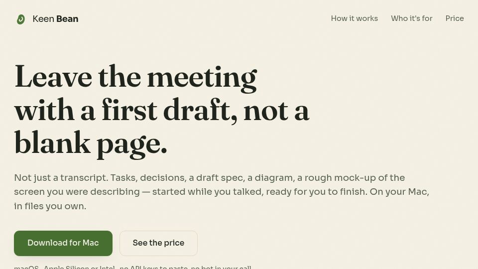 Screenshot of keenbean.app: Show HN: Keen Bean – Mac meeting notes that draft the spec while you talk