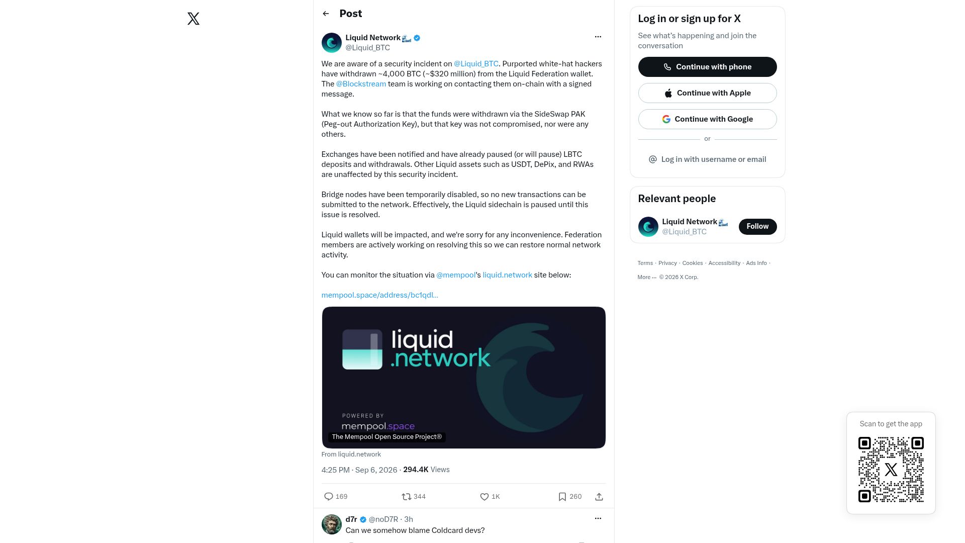 Screenshot of twitter.com: Hackers have withdrawn ~4k BTC (~$320M) from the Liquid Federation wallet