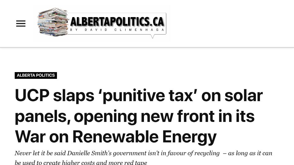 Screenshot of albertapolitics.ca: Alberta (Canada) slaps punitive tax on solar panels
