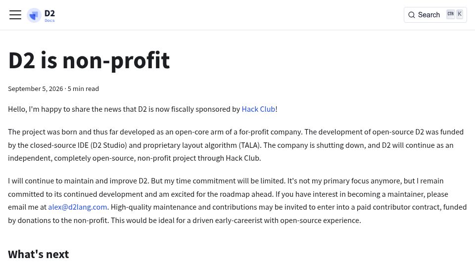 Screenshot of d2lang.com: D2 Is Non-Profit