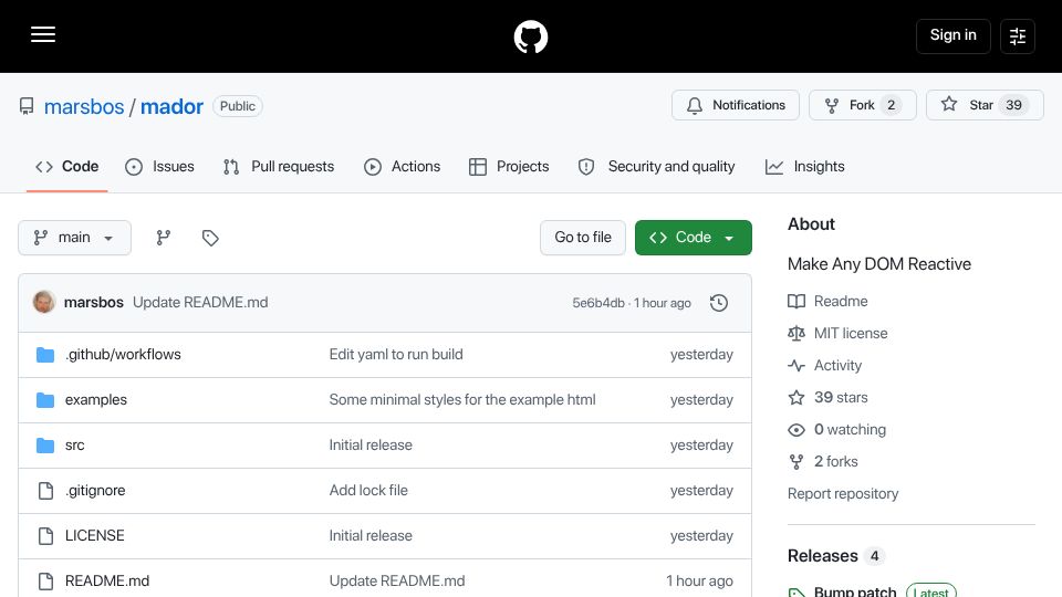 Screenshot of github.com: Show HN: Mador – Make any DOM reactive with a tiny 80-line Proxy state tuple