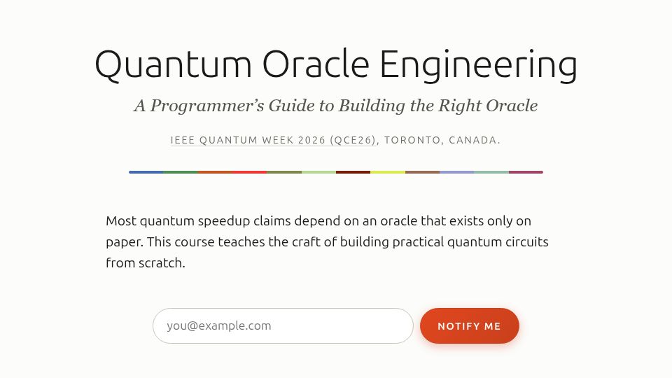 Screenshot of shukla.io: I'm teaching an introductory 12 week course on Quantum Oracle Engineering