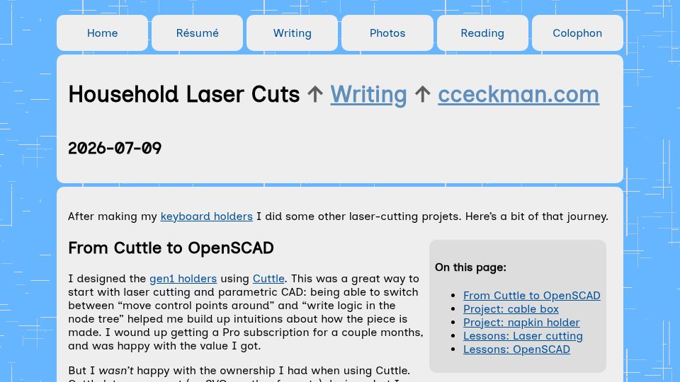 Screenshot of cceckman.com: Household Laser Cuts