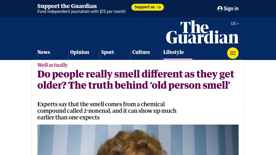 Screenshot of theguardian.com: 'Old Person Smell'
