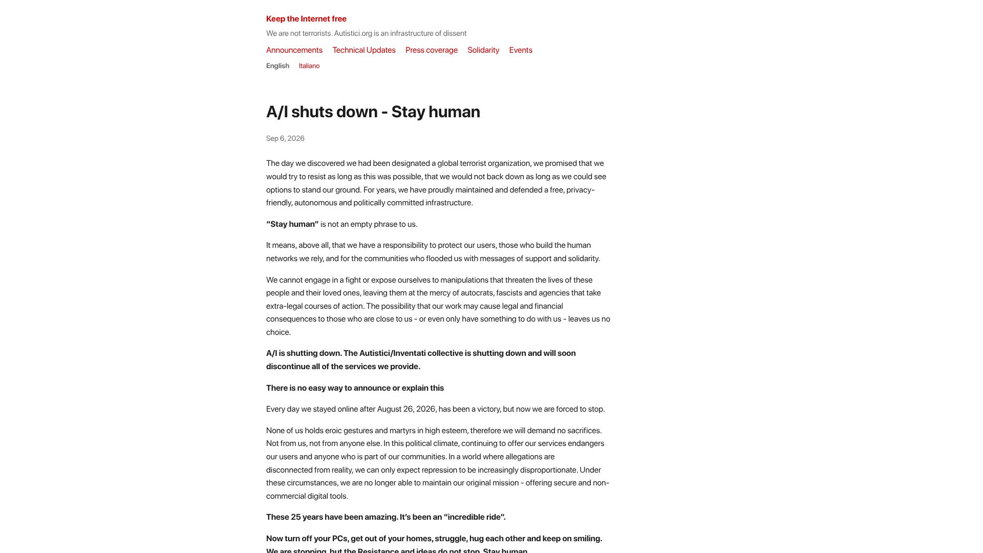 Screenshot of keepitfree.ai: A/I shuts down