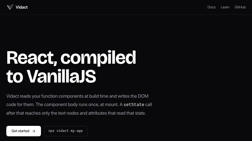 Screenshot of vidact.dev: Vidact – a compiler that turns React into direct DOM operations