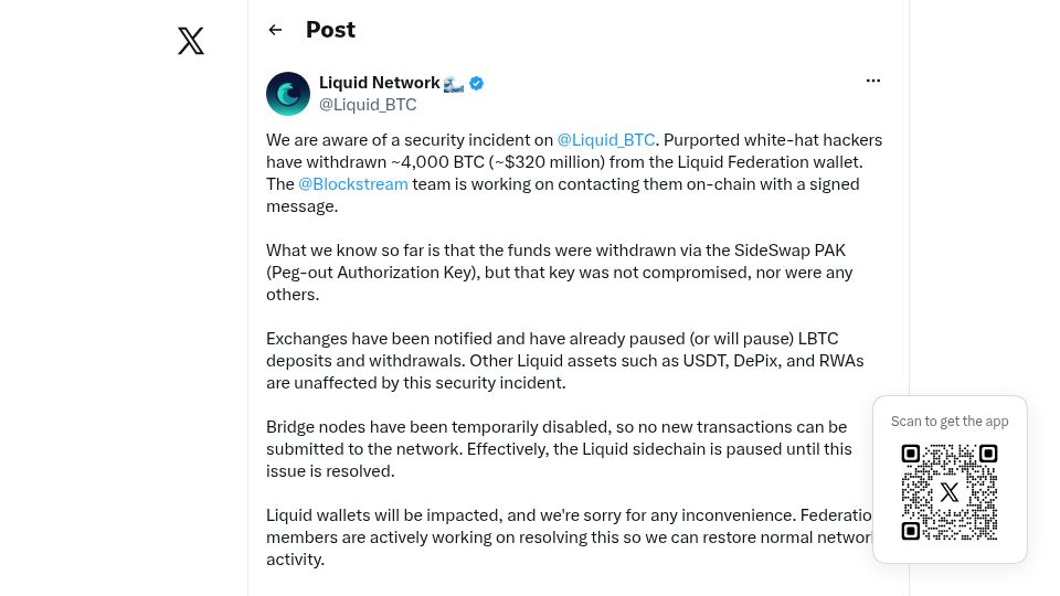 Screenshot of twitter.com: Hackers have withdrawn ~4k BTC (~$320M) from the Liquid Federation wallet