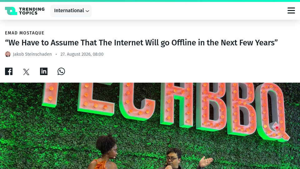 Screenshot of trendingtopics.eu: "We Have to Assume That the Internet Will Go Offline in the Next Few Years"