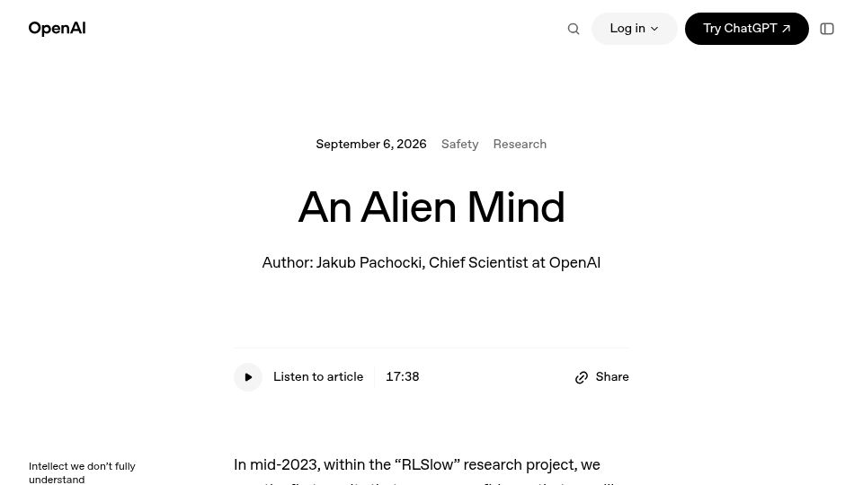 Screenshot of openai.com: An Alien Mind
