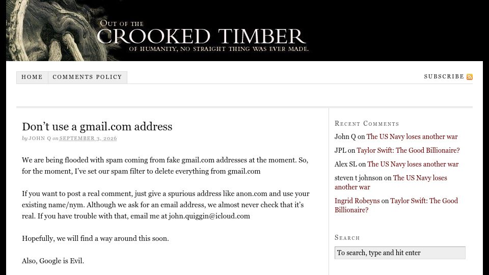 Screenshot of crookedtimber.org: Don't Use a gmail.com Address