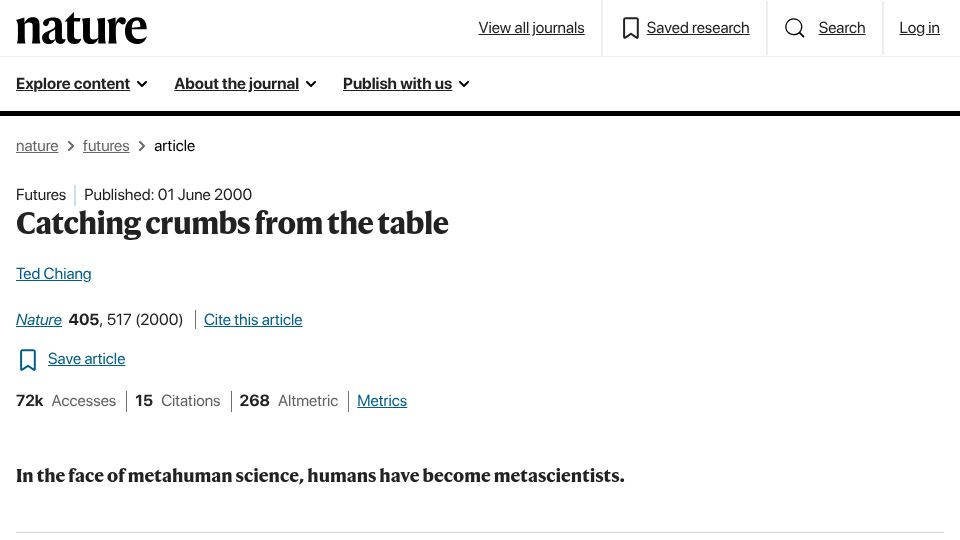 Screenshot of nature.com: Catching Crumbs from the Table (2000)