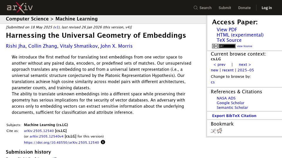 Screenshot of arxiv.org: Harnessing the Universal Geometry of Embeddings