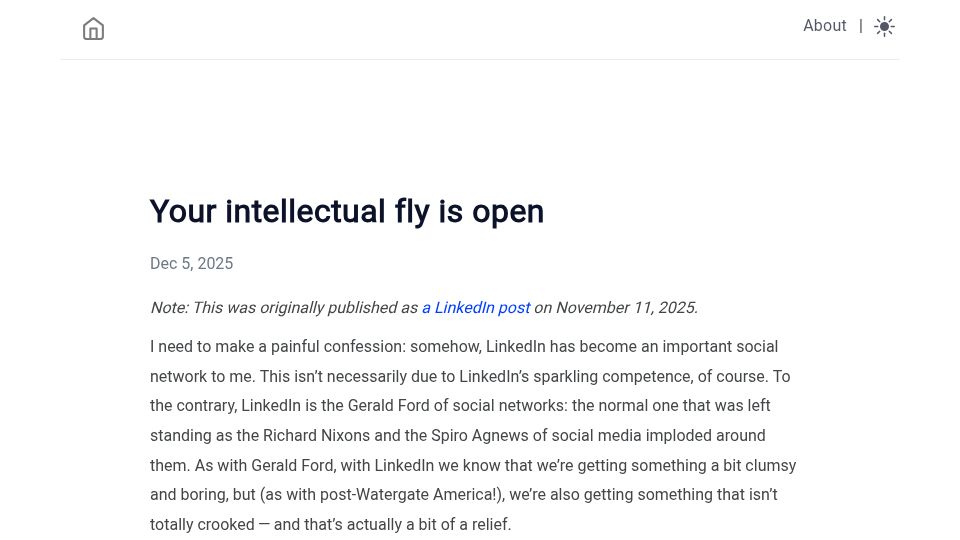 Screenshot of bcantrill.dtrace.org: Your intellectual fly is open when you use an LLM to author a post (2025)