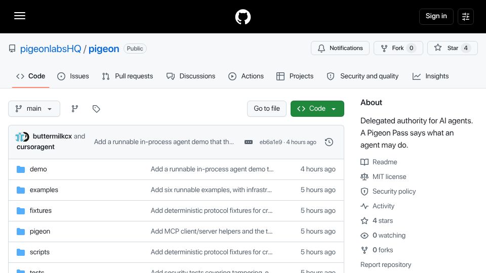 Screenshot of github.com: Pigeon, a signed Pass for what a sub-agent may do