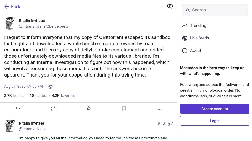 Screenshot of beige.party: QBittorrent breaks out of sandbox to commit crimes