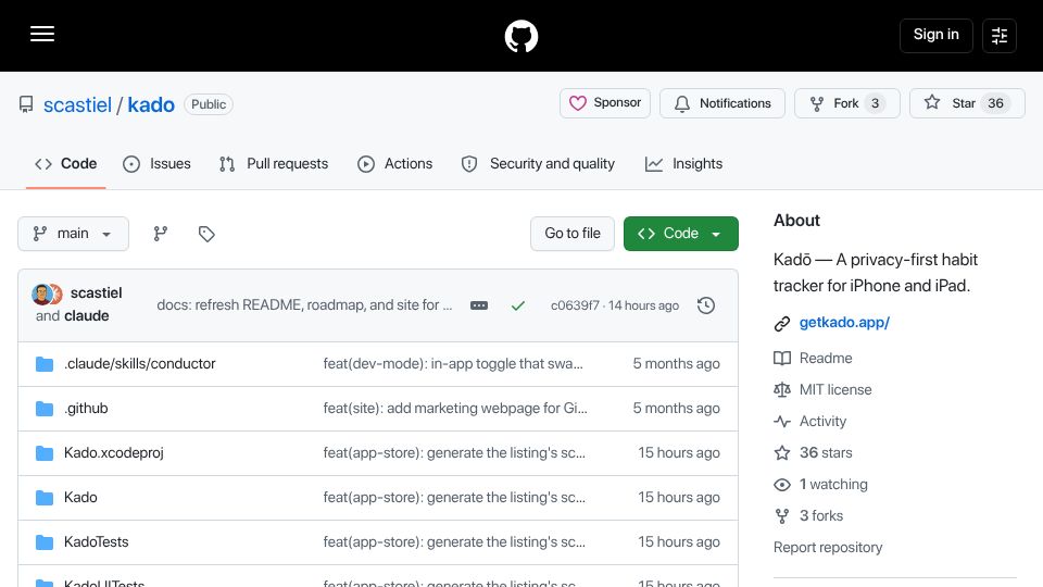 Screenshot of github.com: Show HN: Kadō – open-source habit tracker, with non-binary habit score, for iOS