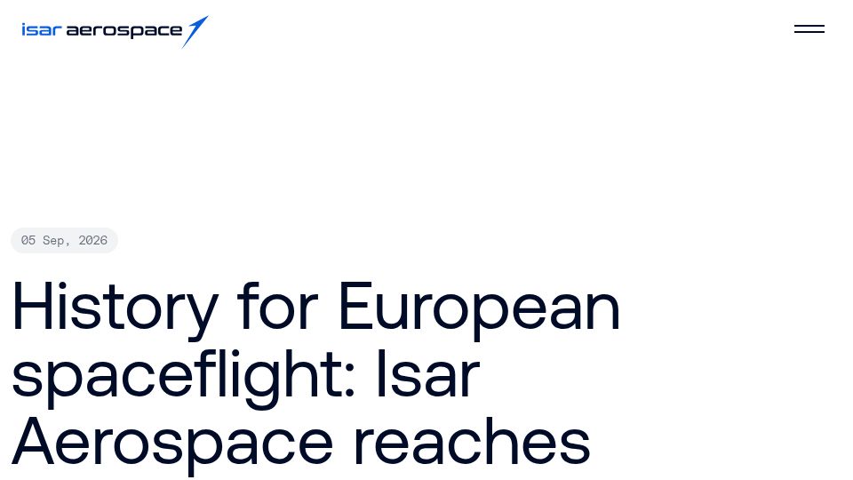 Screenshot of isaraerospace.com: Isar Aerospace reaches orbit and deploys payloads on second flight