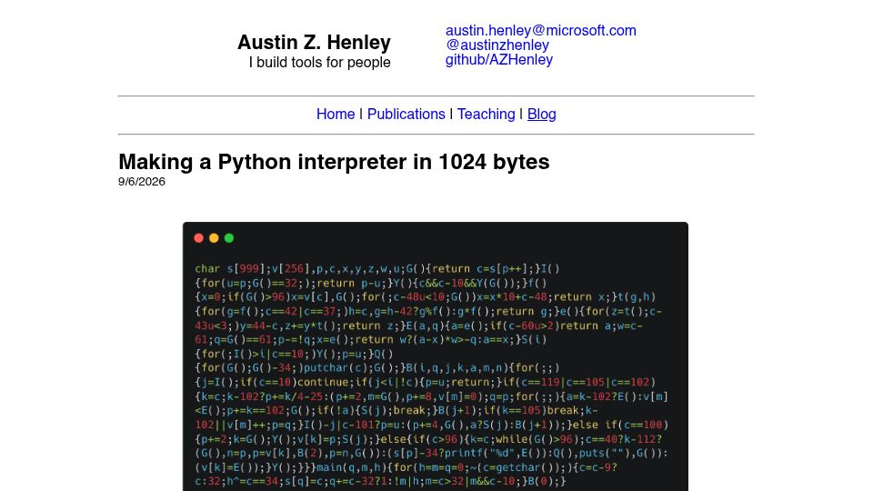 Screenshot of austinhenley.com: Making a Python interpreter in 1024 bytes