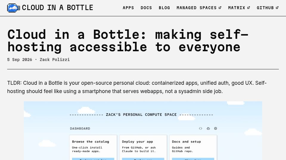 Screenshot of cloudinabottle.org: Cloud in a Bottle: making self-hosting accessible to everyone