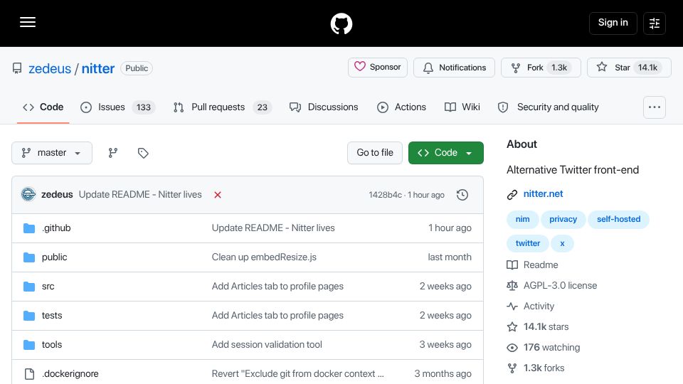Screenshot of github.com: Following legal advice, the Nitter project will continue
