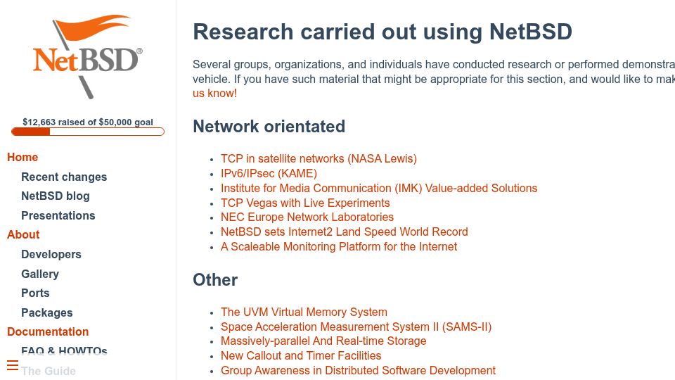 Screenshot of netbsd.org: Research carried out using NetBSD
